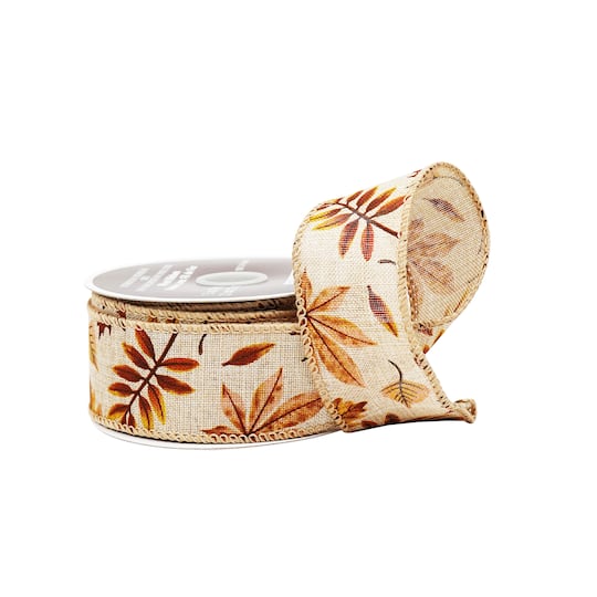 1.5" x 10yd. Fall Leaves Wired Faux Linen Ribbon by Celebrate It®